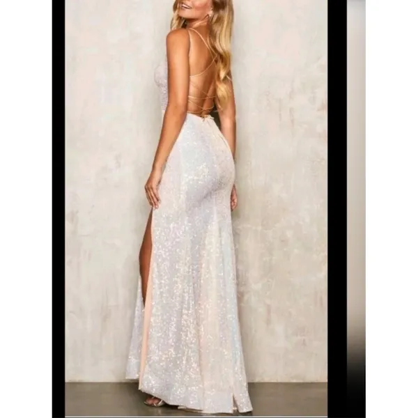 Sherri Hill Sequin Gown Gold Formal Prom Evening Dress Open Back Slit Size 8 - Image 6