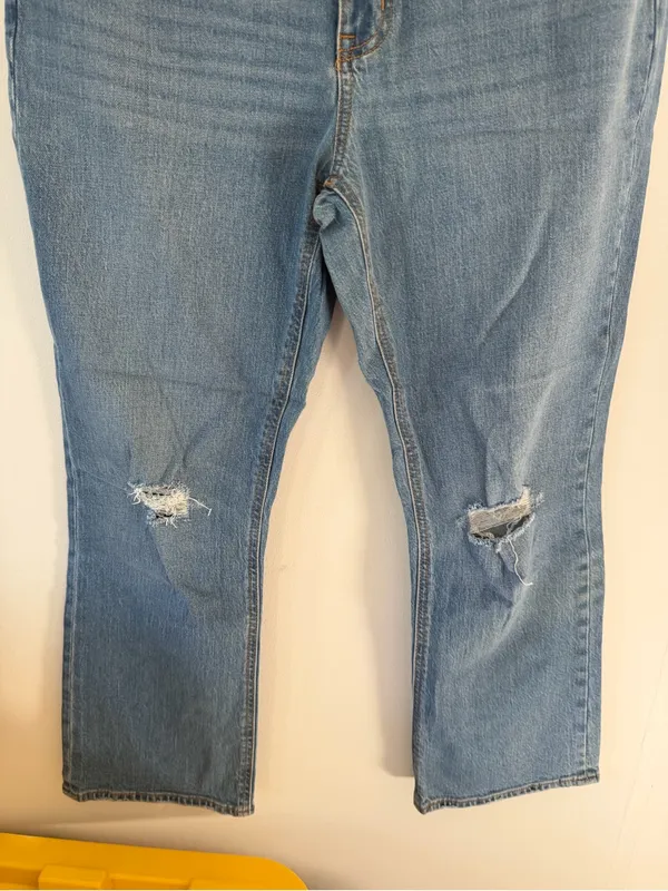 J. Crew Light Blue Flare cropped Jeans with Distressed Knees mid-raise - Image 2