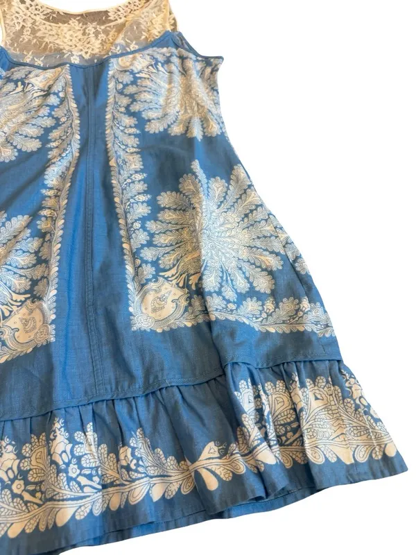 Free People Blue Ivory Paisley Lace Yoke Shift Dress Boho Mini Size 4 Women's - Image 11