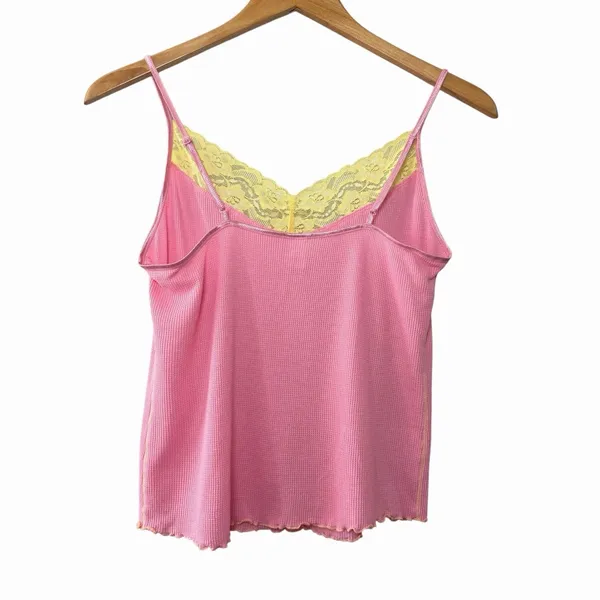 Vintage Y2K GAP Body Pink Waffle Knit Lace Cami‎ Top Medium Coquette - Image 3