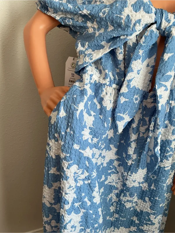 Blue & White Floral Textured Bow Front Midi Dress XXL NWT - Image 6