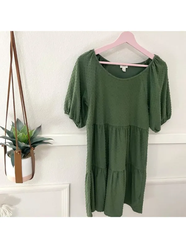 J Crew Factory Clip-Dot Dress in Green Short Sleeve Midi Size S Prarie Chic Soft - Image 3