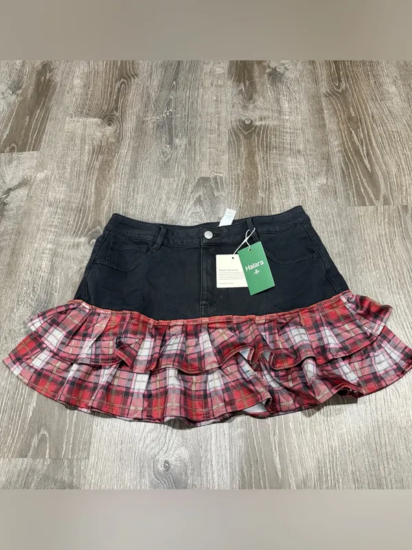 NWT Halara Flex Denim Plaid Ruffle Mini Skirt - Image 2