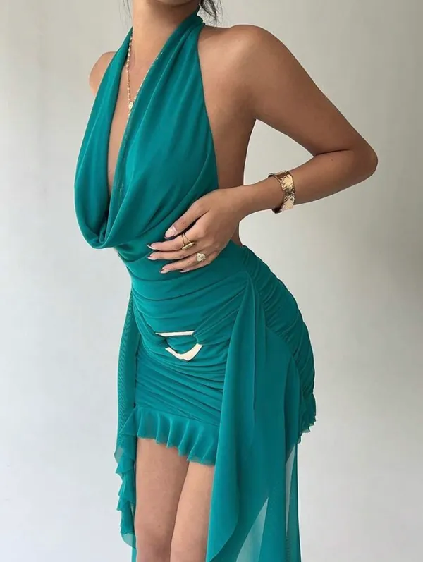 Green Halter Mini Dress with Gold Accent XS - Image 5