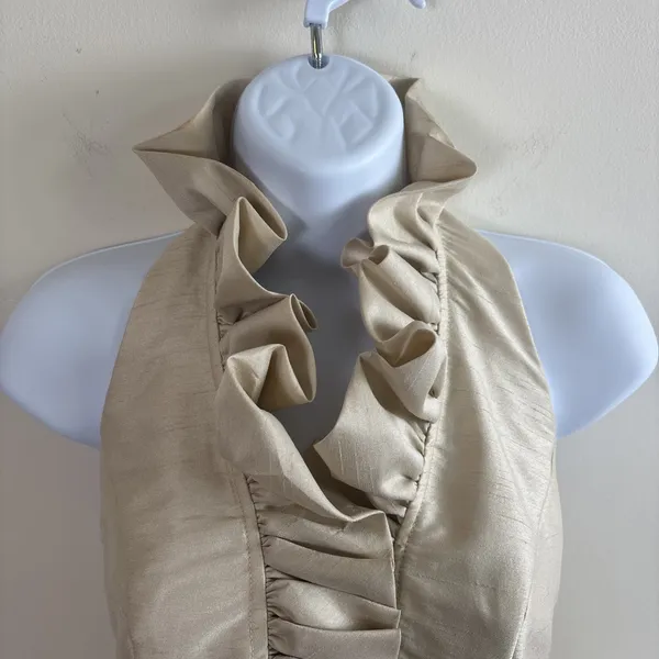 Alfred Sung Champagne‎ Gold Ruffled Halter Cocktail Dress Sz 0 Bow Waist Detail Knee Length - Image 5