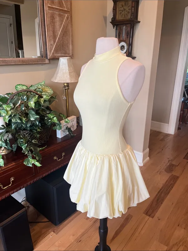 Sleeveless Pastel Yellow Bubble Hem Mini Dress Summer - Image 6