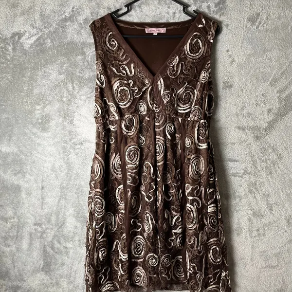 Vintage Y2K Brown Textured Tulle Babydoll V Neck Sleeveless Dress‎ Boho Indie LG - Image 2