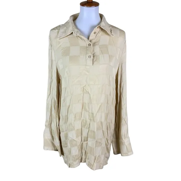 L'Academie Cream Textured Button Blouse Tunic Lightweight Chic Minimalist M - Image 2