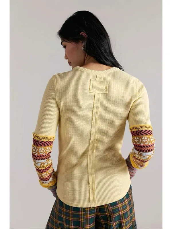 Free People All In Cuff Grunge 90s Thermal Sweater Crewneck Top Medium Yellow - Image 3
