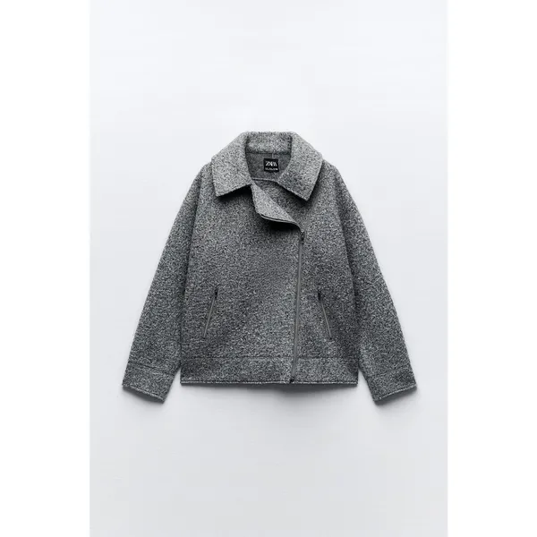 Zara Boucle Women's Gray Asymmetric Zip Collared Oversized Over Coat Jacket Sz S - Image 5