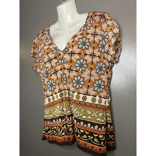 Nicole By Nicole Miller Shirt Womens XL Orange Boho Floral V Neck Top Blouse - Image 3