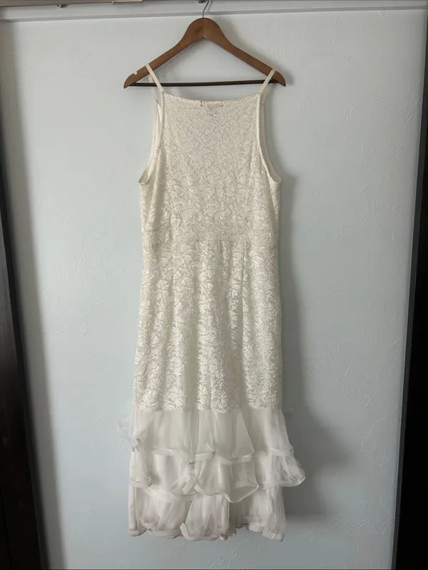 Sequin Cream Lace Slip Maxi Dress with teired Ruffle Tulle Hem - Image 5