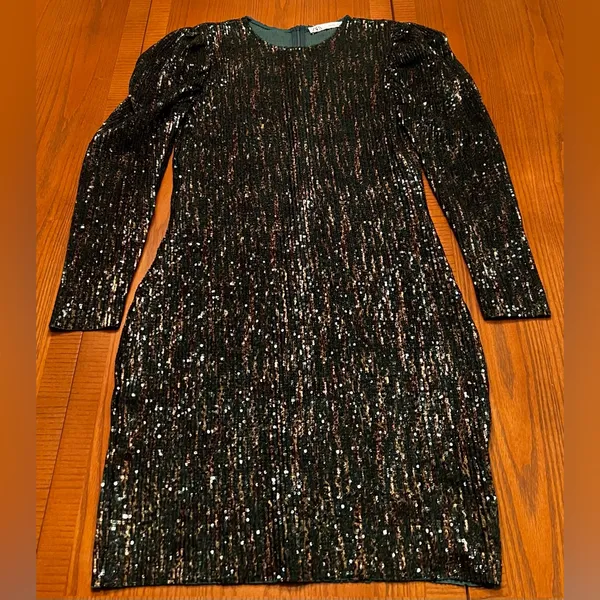 ZARA Sequin Puff Long Sleeve Special Limited Edition Emerald Green &‎ Gold Dress - Image 12