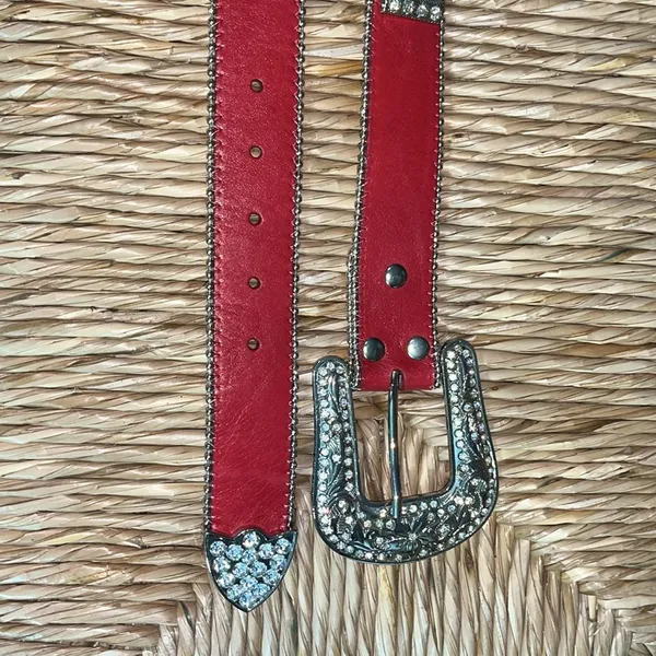 Red rhinestone bling western belt with silver accents, and buckle Sm-31 - Image 2