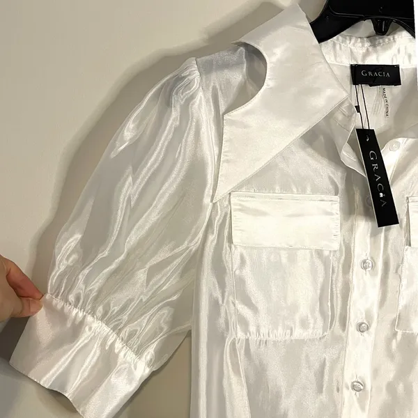 Gracia Satin Button Down Blouse Women Medium White Chic Puff Sleeve Collared Top - Image 5