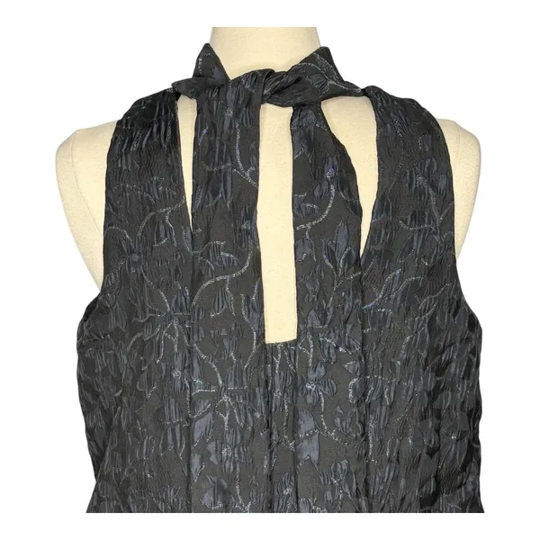 Scoop Mini Dress Women Large Black Blue Metallic‎ Floral Jacquard Mock Neck Tie - Image 16