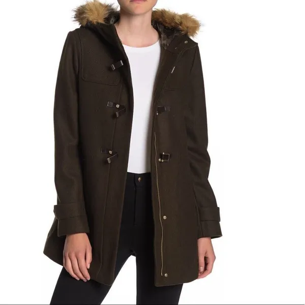 Cole‎ Haan Wool Blend Faux Fur Trim Hooded Coat, Brown, Size 4, NWT - Image 4