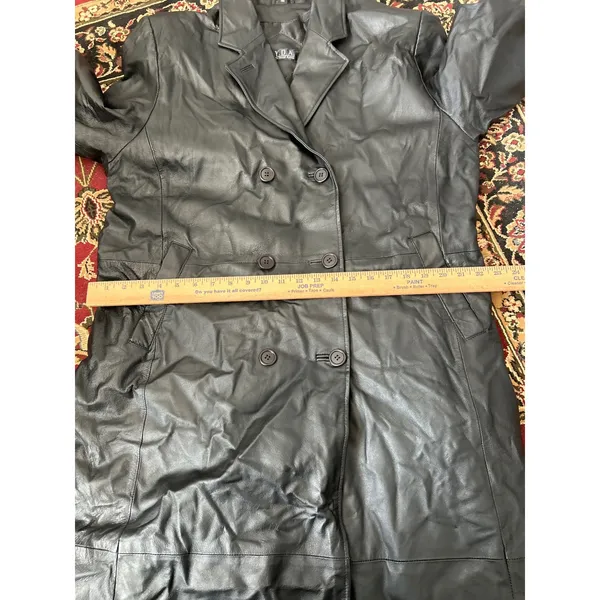 NYDA Black Leather Double Breasted Long‎ Trench Coat Women's Size L Goth Office - Image 9