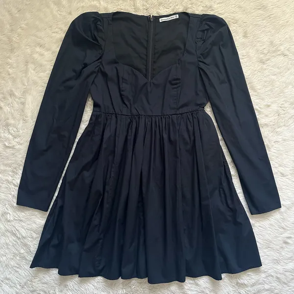 Abercrombie & Fitch Dress Long Sleeve Poplin Babydoll Mini Black Tall Sz MT - Image 2