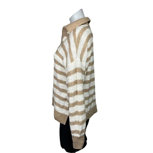 Sonoma Brown Beige Striped Print Cotton Collar Long Sleeve Sweater Top Size M - Image 2