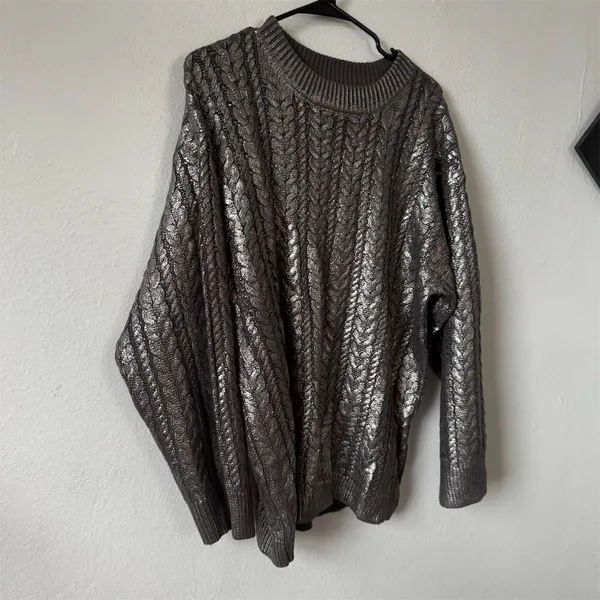 Topshop Premium Womens S Metallic Gray Chunky Knit Oversized Sweater Pullover - Image 7