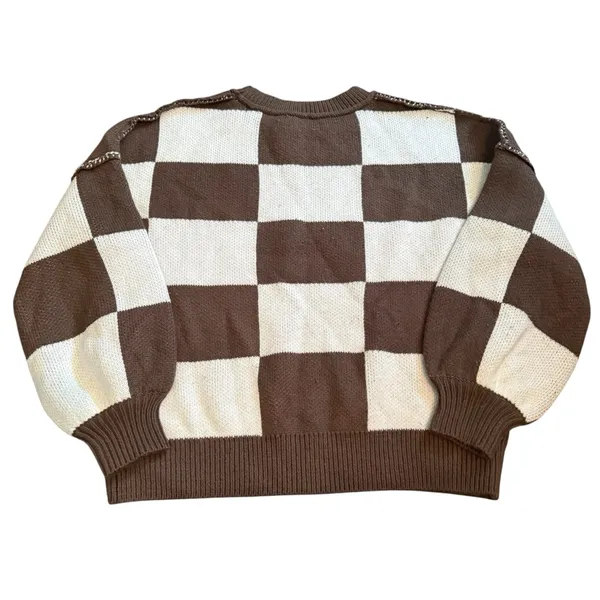 Checker Print Crewneck Sweater Brown‎ Cream Checkerboard Fall Neutral Size S - Image 3