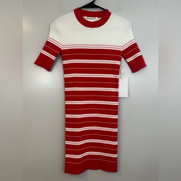 NWT Amanda Uprichard Red/Pink Ribbed Striped Short Sleeve Bodycon Mini Dress Lrg - Image 2