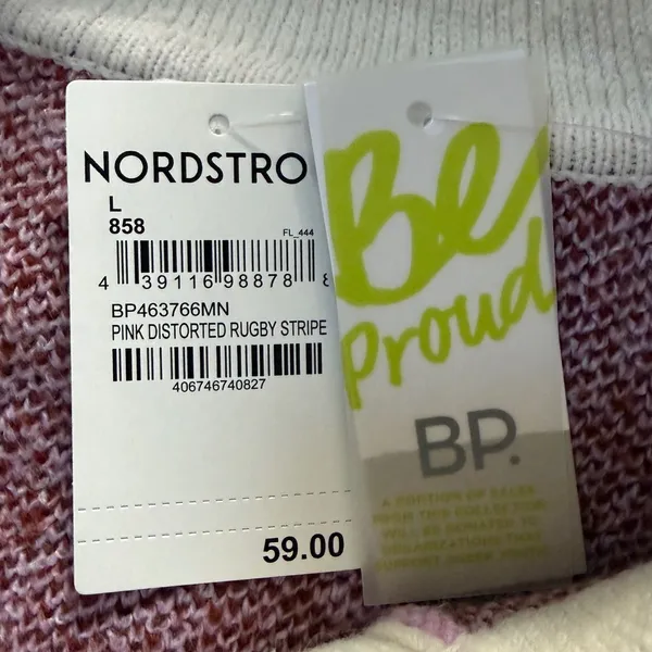 BP Nordstrom Be Proud Pink Distorted Rugby Stripe Sweater Brown Polo Large NEW - Image 3