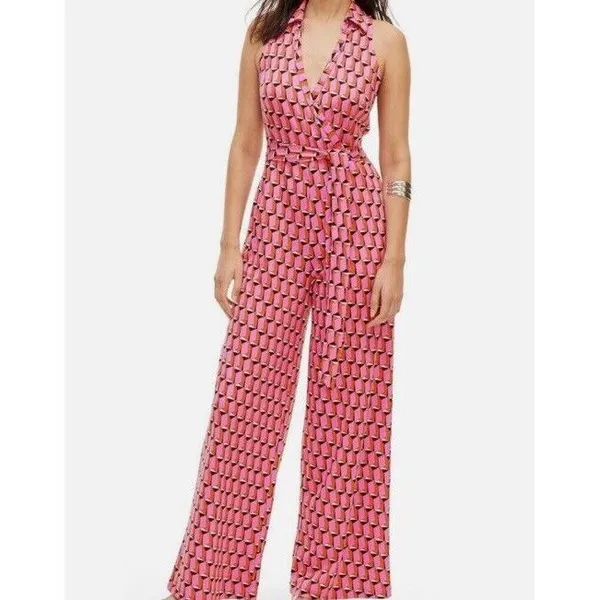 DVF Target Diane Von Furstenberg‎ Pink Geo Print Jumpsuit Size Small - Image 7