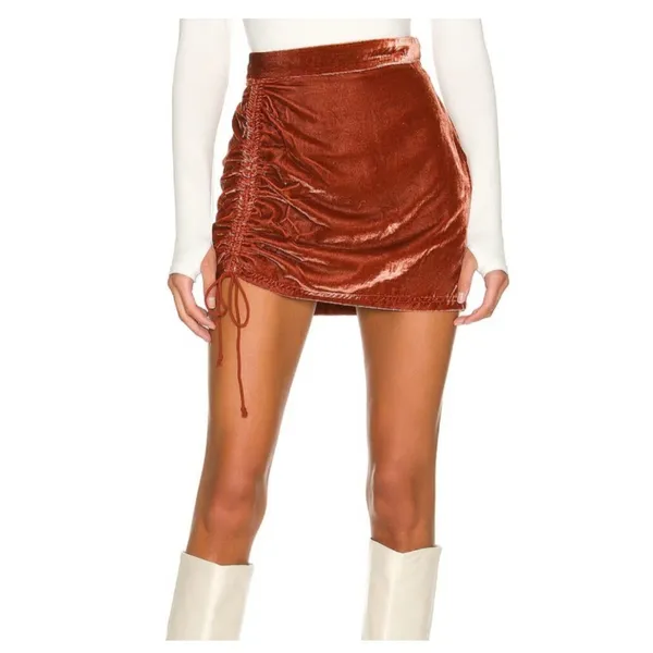Free People x Revolve Vivienne Velvet Mini Skirt Sz 0 Rust/Brown‎ Cinched Tie - Image 2