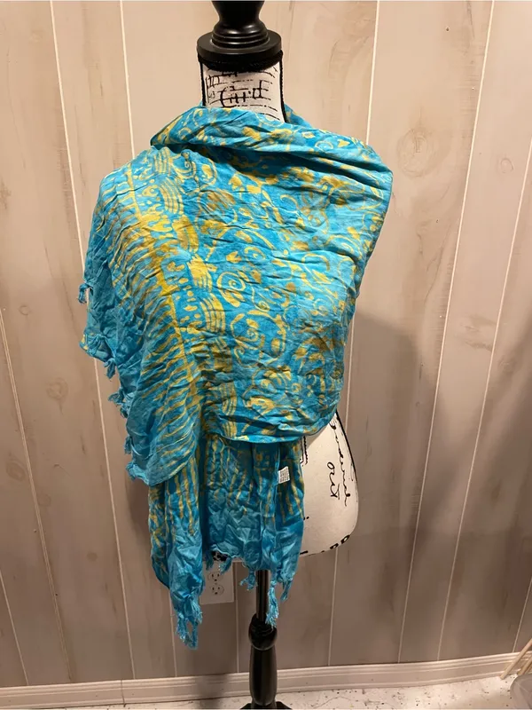 Source Unknown Cute Y2K aqua celestial batik 90s fringe oversized scarf wrap shawl festival - Image 4