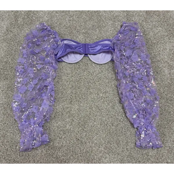 IHeartRaves Purple Sequin Floral Puff Sleeve Underwire Crop Bra Top Size XS - Image 7