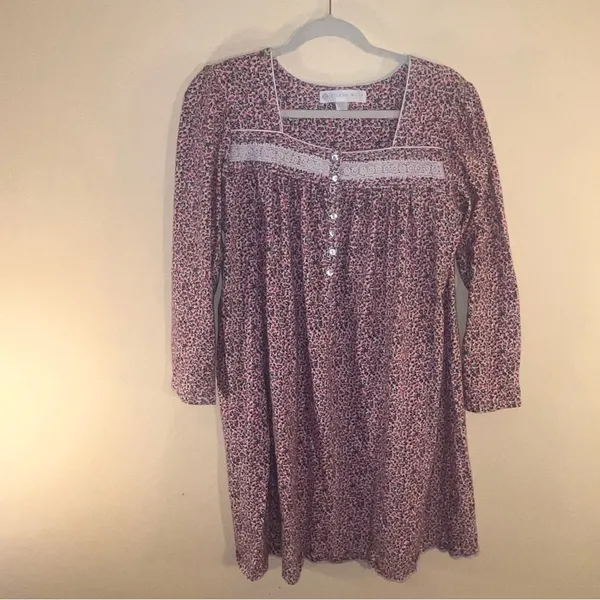 Eileen West Pink Embroidered Floral Nightgown S Cotton Long Sleeve Ruffle Lace - Image 2