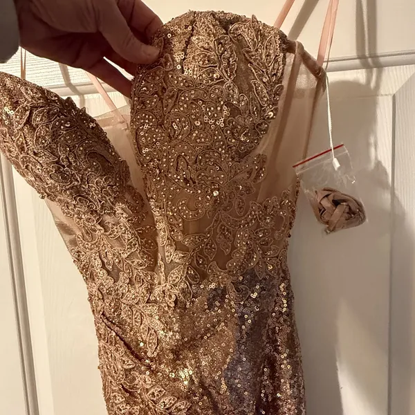 Strapless Gold‎ Embellished Gown By Ladivine CD3936 Size 4 - Image 6