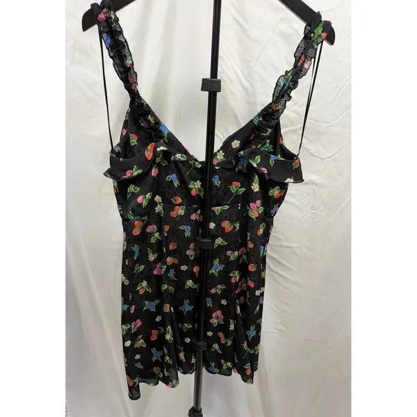 Zara Women Black Berry Floral Print Jacquard Mini Dress Ruffle Tie Front Size M - Image 5