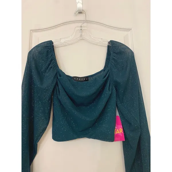 Fairygrunge Mesh Emerald Sheer Sparkle Ruched Long Sleeve Crop Top‎ Size S - Image 8