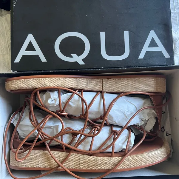 Aqua Cognac Straw Lace up Sandal Sz 9.5 - Image 2