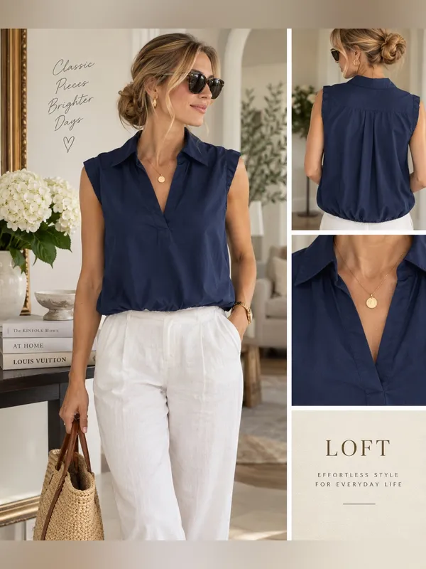 LOFT Deep Navy Cotton Poplin Sleeveless Collared Bubble Hem Top Size XL - Image 2