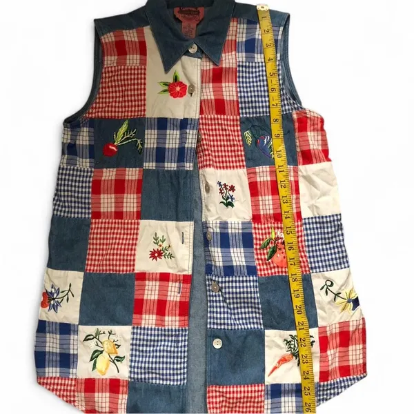 Vintage Cottagecore Farm Ranch Western Unique patchwork Button up shirt top blouss vest embroidered cowgirl Sz S Measurement in pics - Image 6