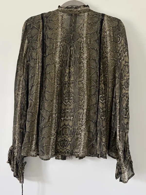 Zara Green Tan Python Snake Print Open Front Tassel Embroidered Blouse Large - Image 5