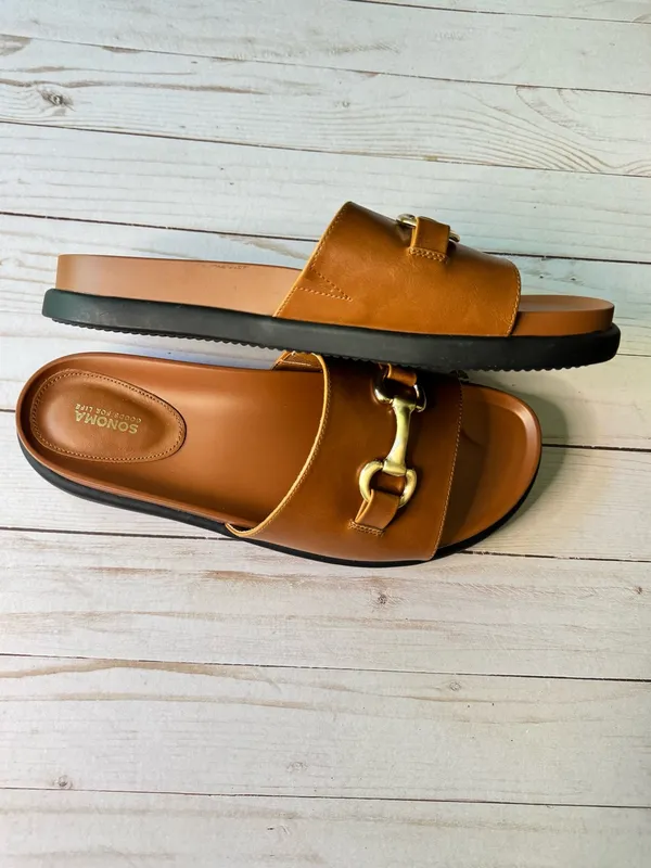 Sonoma Cognac Slide Sandals with Gold Chain Detail Low Heel Size 10 New With Tag - Image 4
