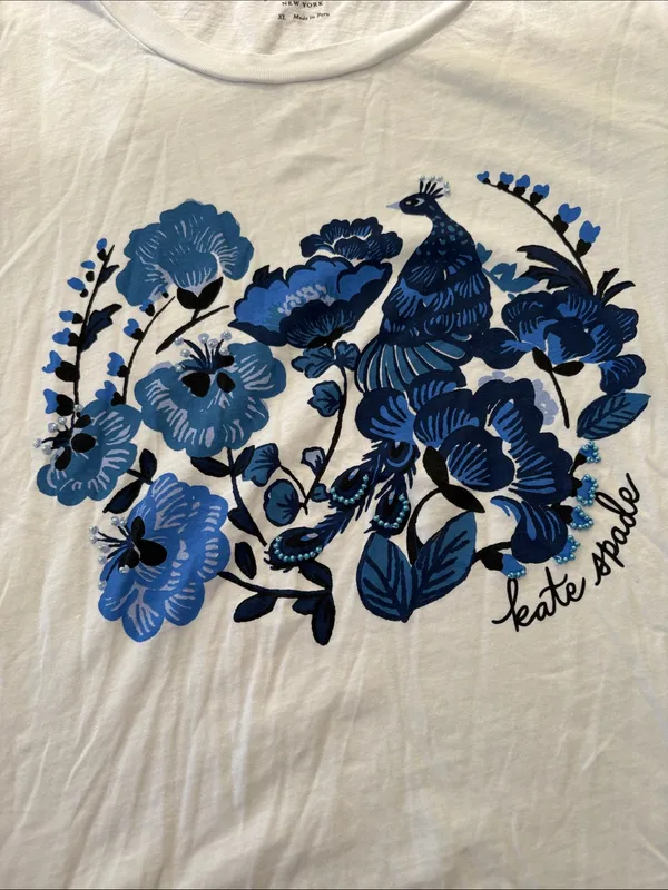 kate spade XL White blue peacock embellished Short Sleeve Tee casual lux Rio - Image 4