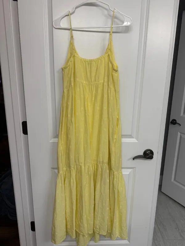Old Navy Yellow Embroidered Tiered Maxi Dress Pockets Women’s L - Image 6