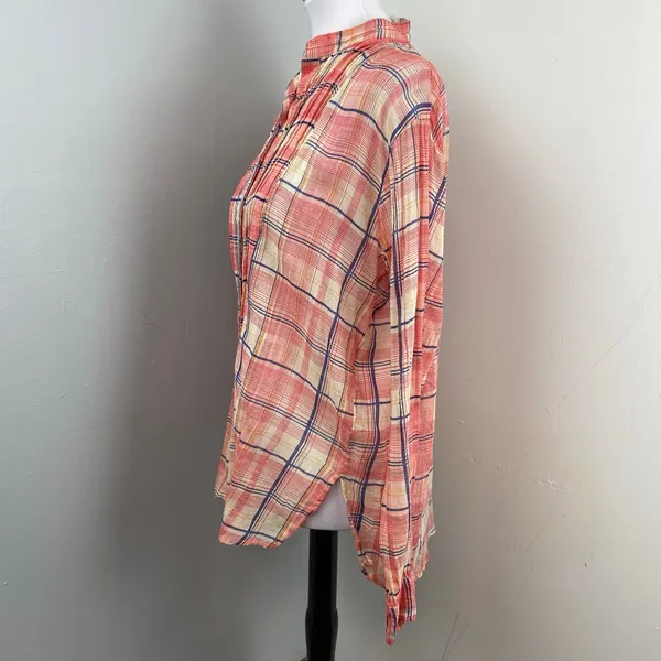 Free People One Pink Plaid Button Up Shirt Small - Image 5
