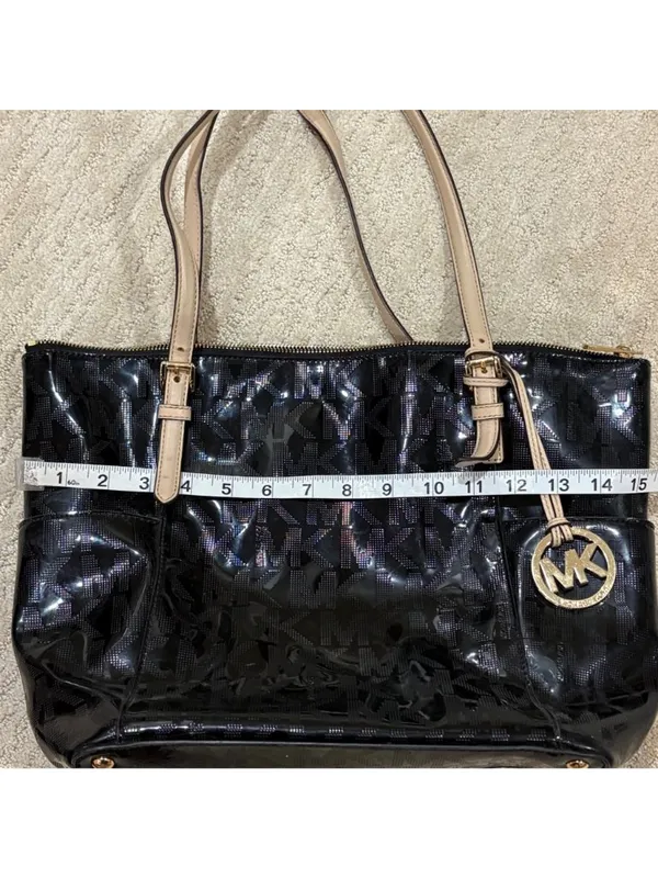 Michael Kors Black Patent MK Logo Tote Bag Shoulder Purse Large - Image 6