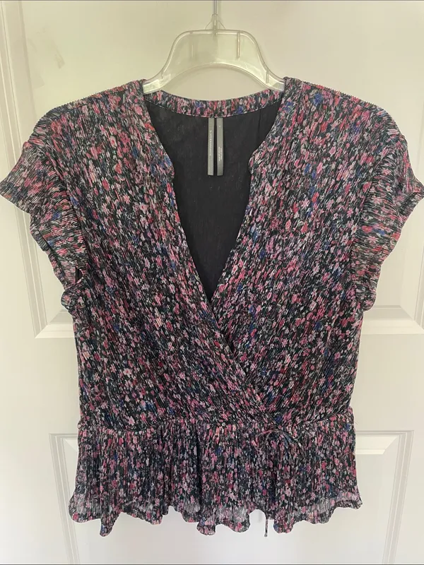 Anthropologie Dionne Metallic Ditsy Floral Blouse Large Peplum Faux Wrap - Image 4