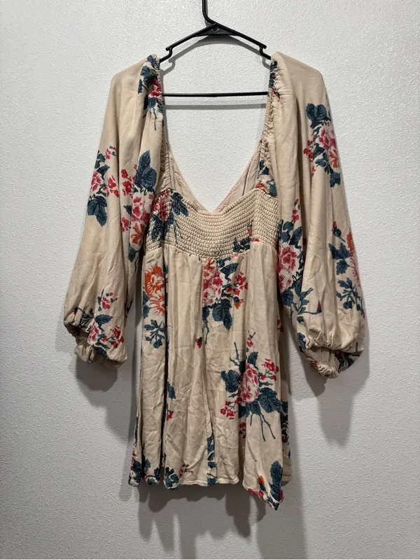 Free People Francesca Mini Dress L Cream Floral Balloon Sleeve Boho - Image 8