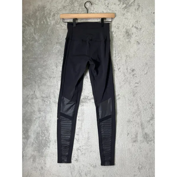 Alo Yoga Moto High Waisted Leggings Black XS Faux Leather Ribbed Panel - Image 3