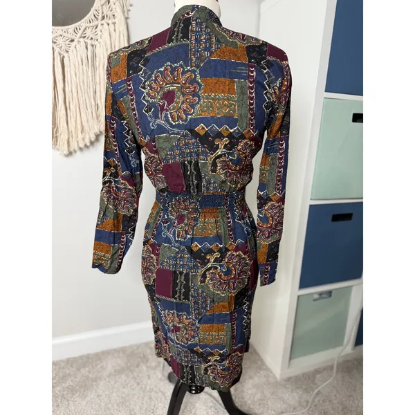 Women's Vintage Funky Retro Long-sleeved Patchwork Print Button Artsy Dress 6P - Image 2