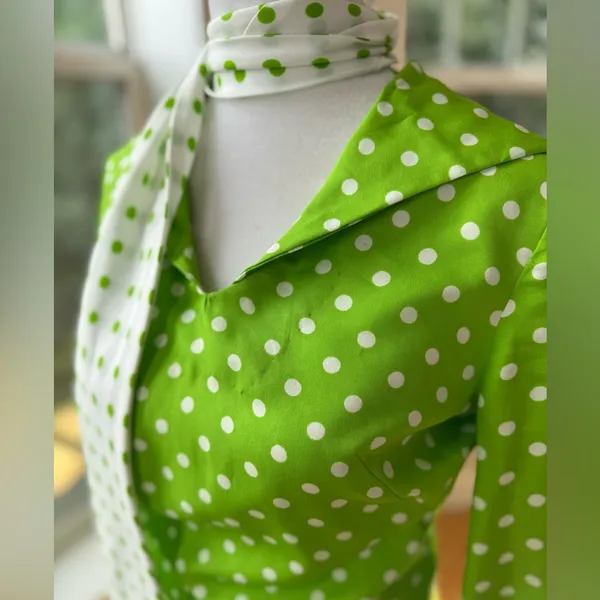 Vintage 1960s Handmade Lime Green White Polka Dot Column Maxi Dress and Scarf - Image 6